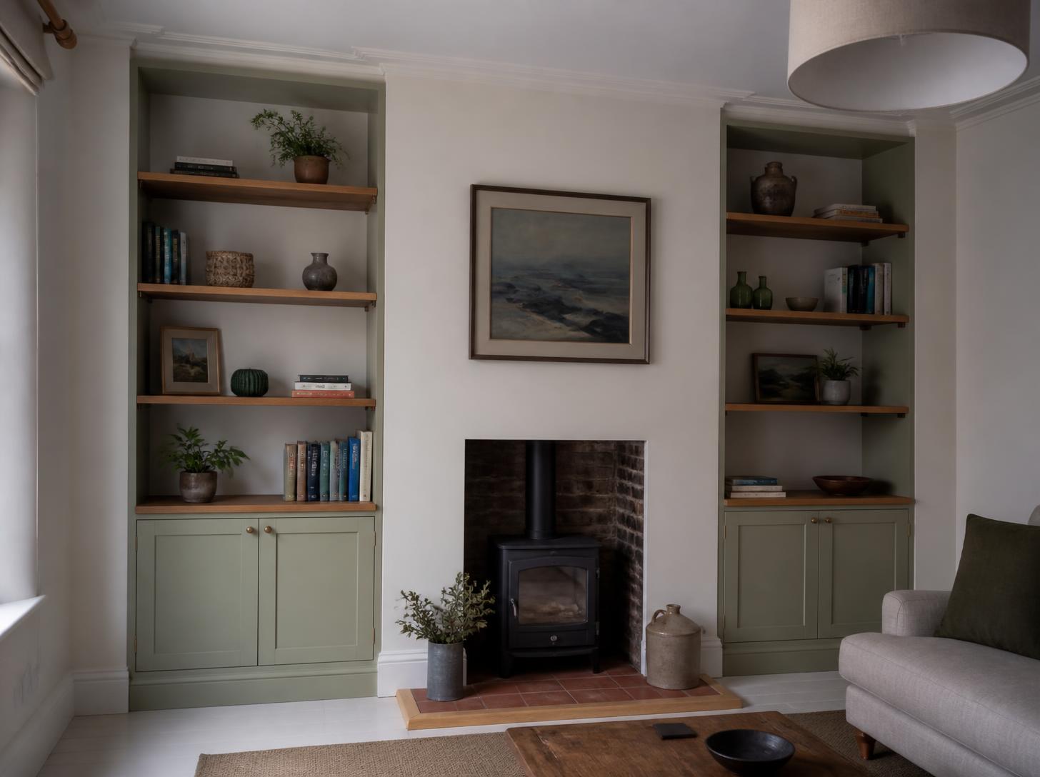 Illustrative sage green alcove cupboards and open oak shelving beside a fireplace