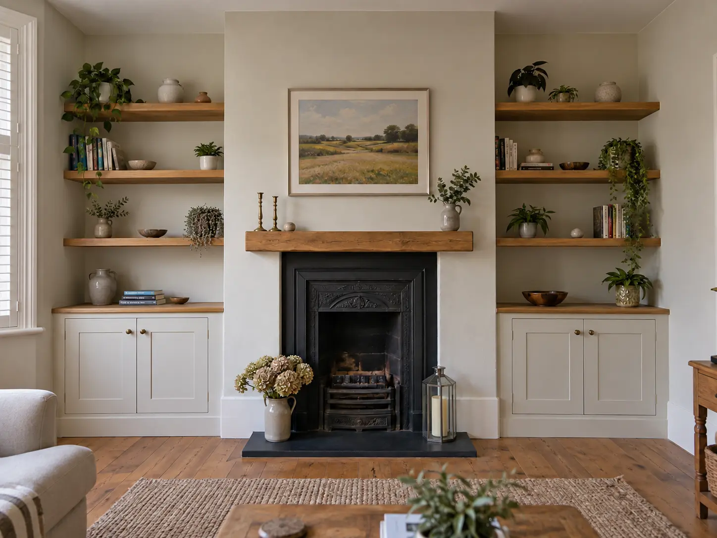Example design for fitted alcove cabinets and oak shelving beside a chimney breast