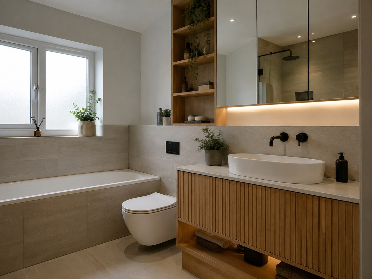 Contemporary bathroom planning visual with timber vanity