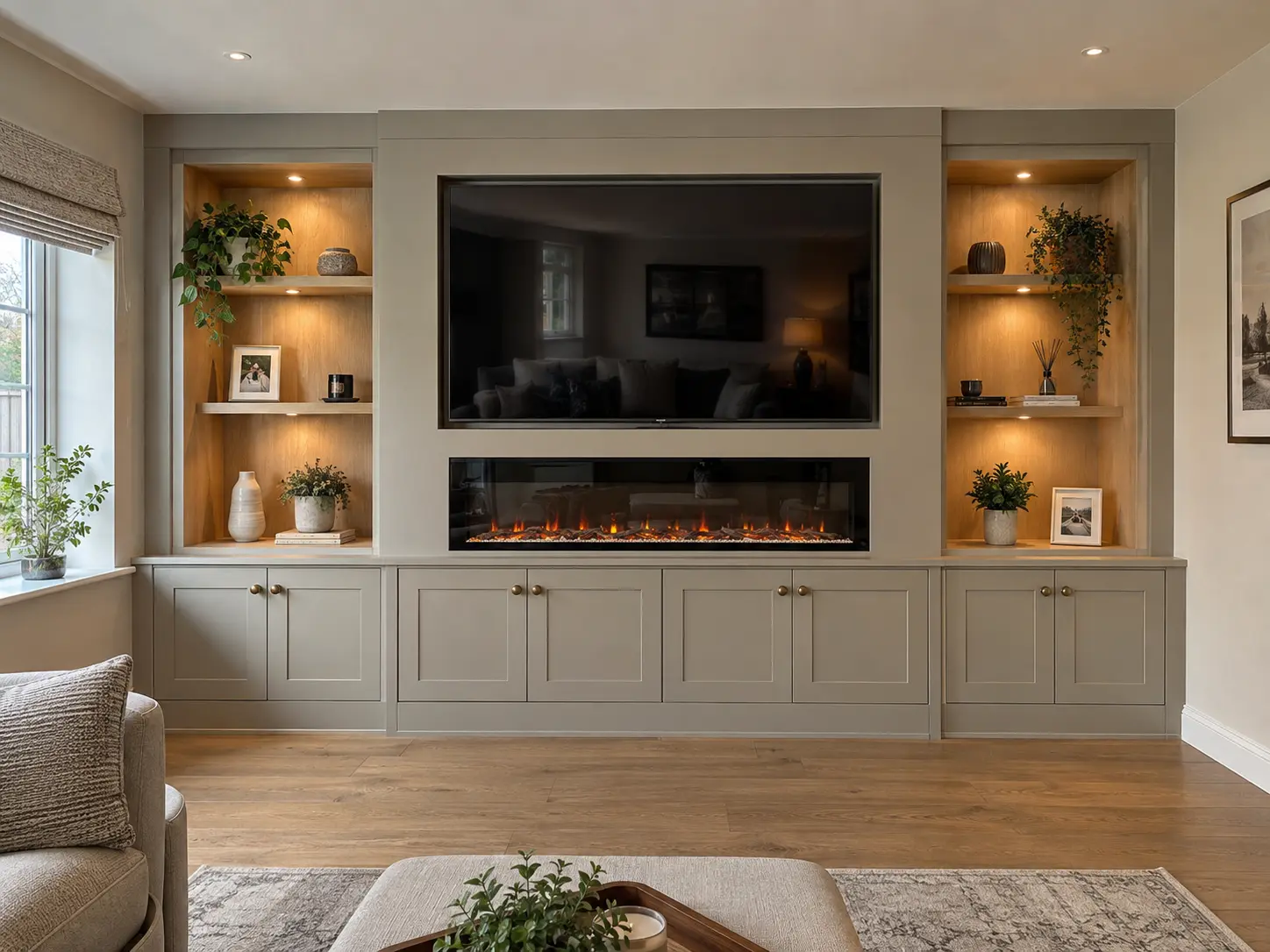Example design for a bespoke media wall with fitted television cabinetry, display niches and closed storage