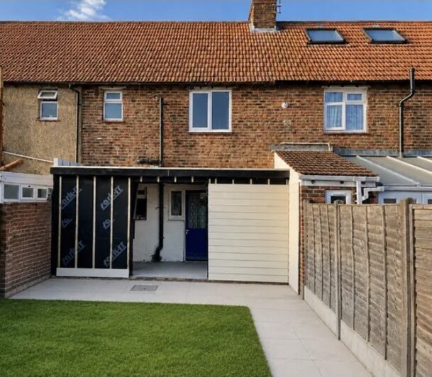 Bognor Regis rear extension during external cladding, patio and turf work