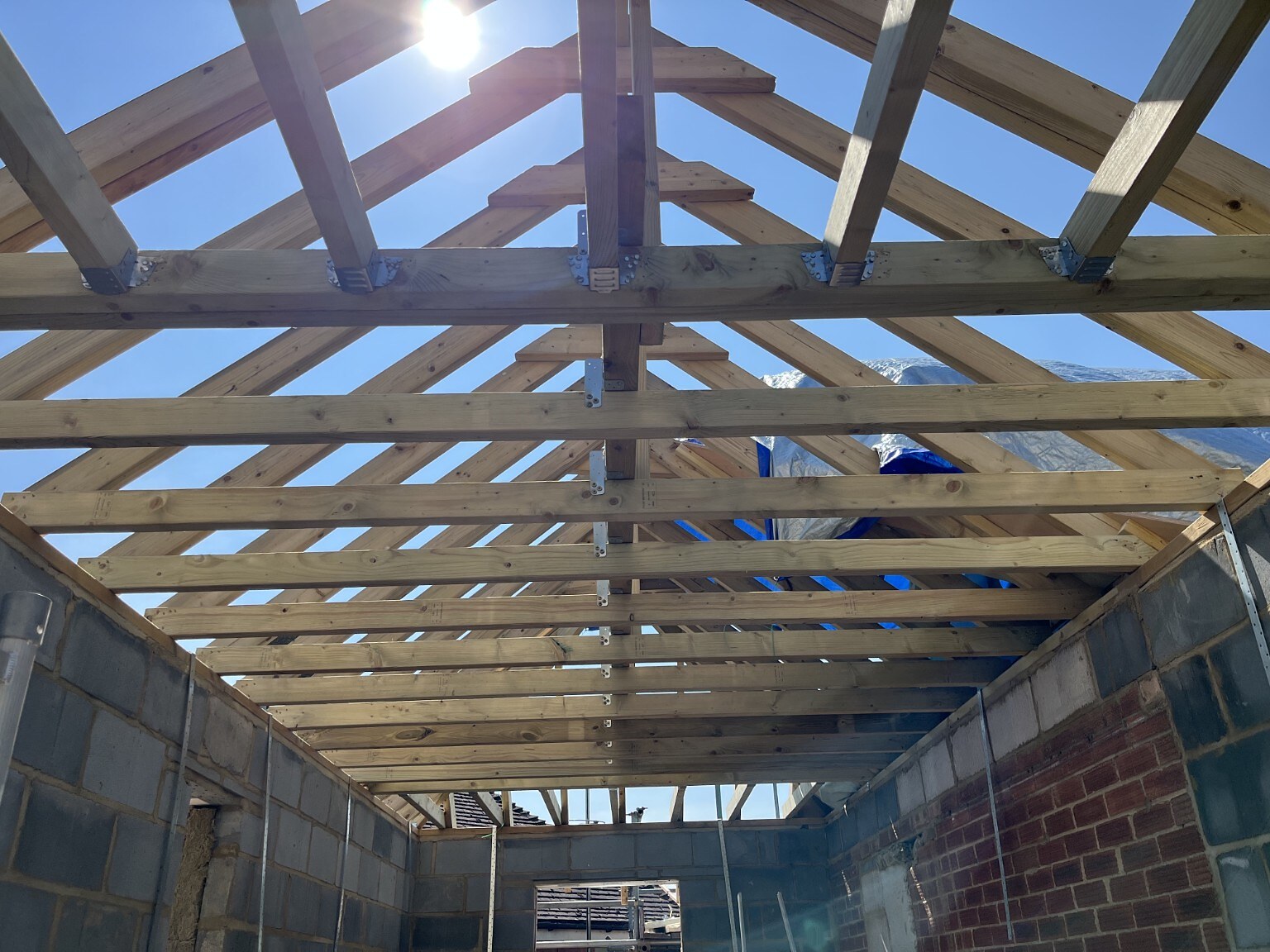 Large timber roof structure during extension work