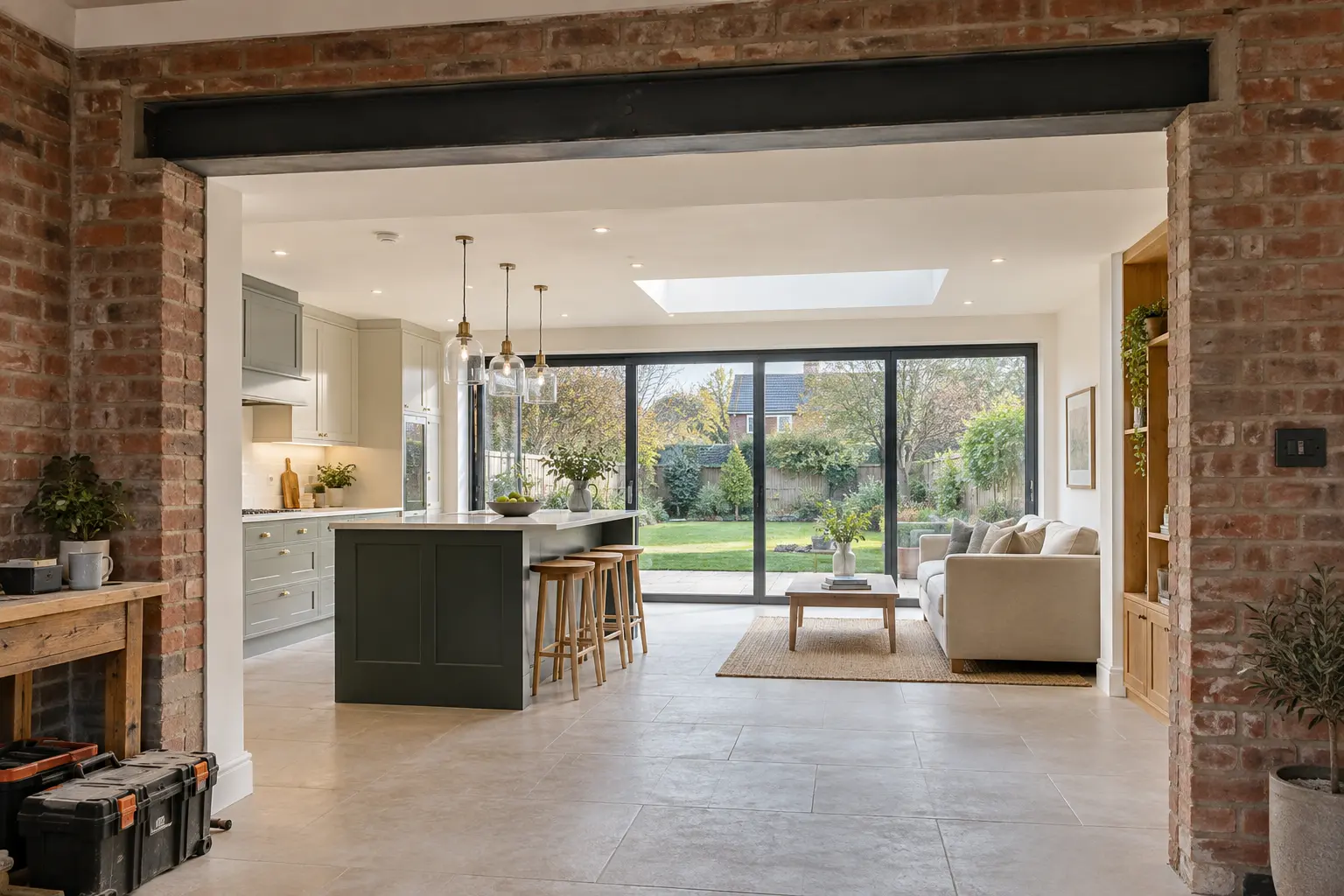 Completed open-plan rear extension viewed through its original brick structural opening