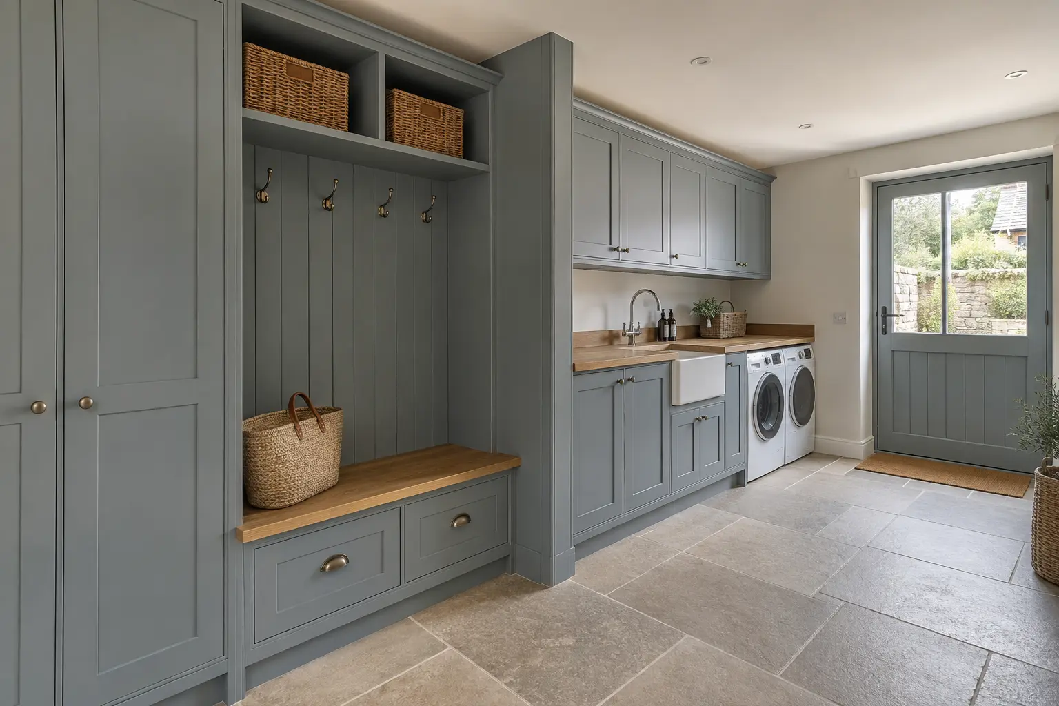 Design example of a fitted utility and boot room with cabinetry, laundry appliances and bench storage