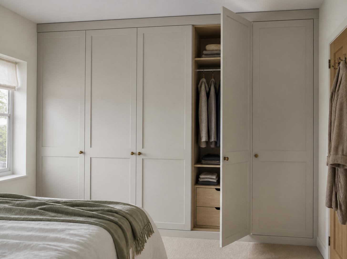 Illustrative white Shaker fitted wardrobe with an oak-toned interior