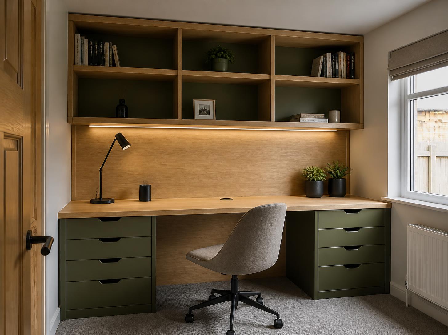 Illustrative fitted home office with oak desk, shelving and olive green drawers