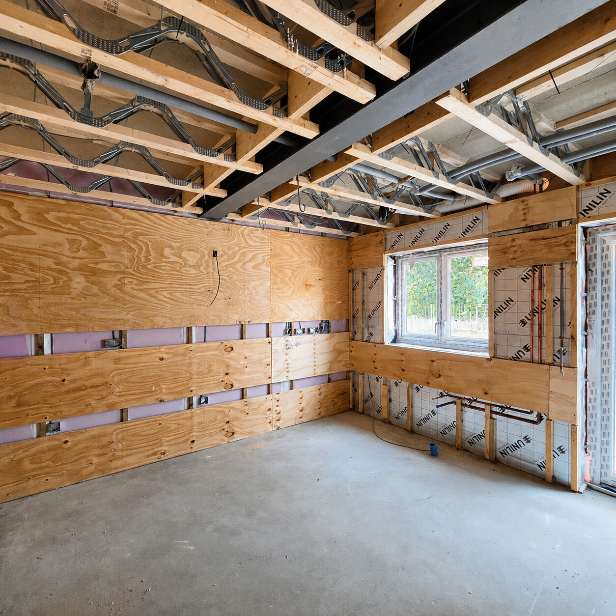 Timber-frame first-fix work with plywood backing and coordinated service routes