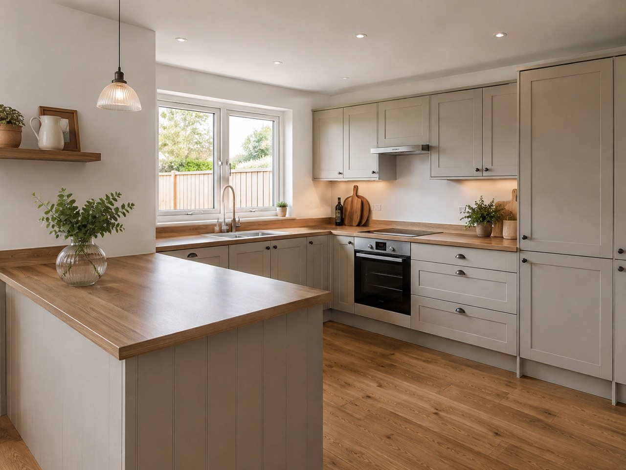 Warm shaker-style kitchen planning visual