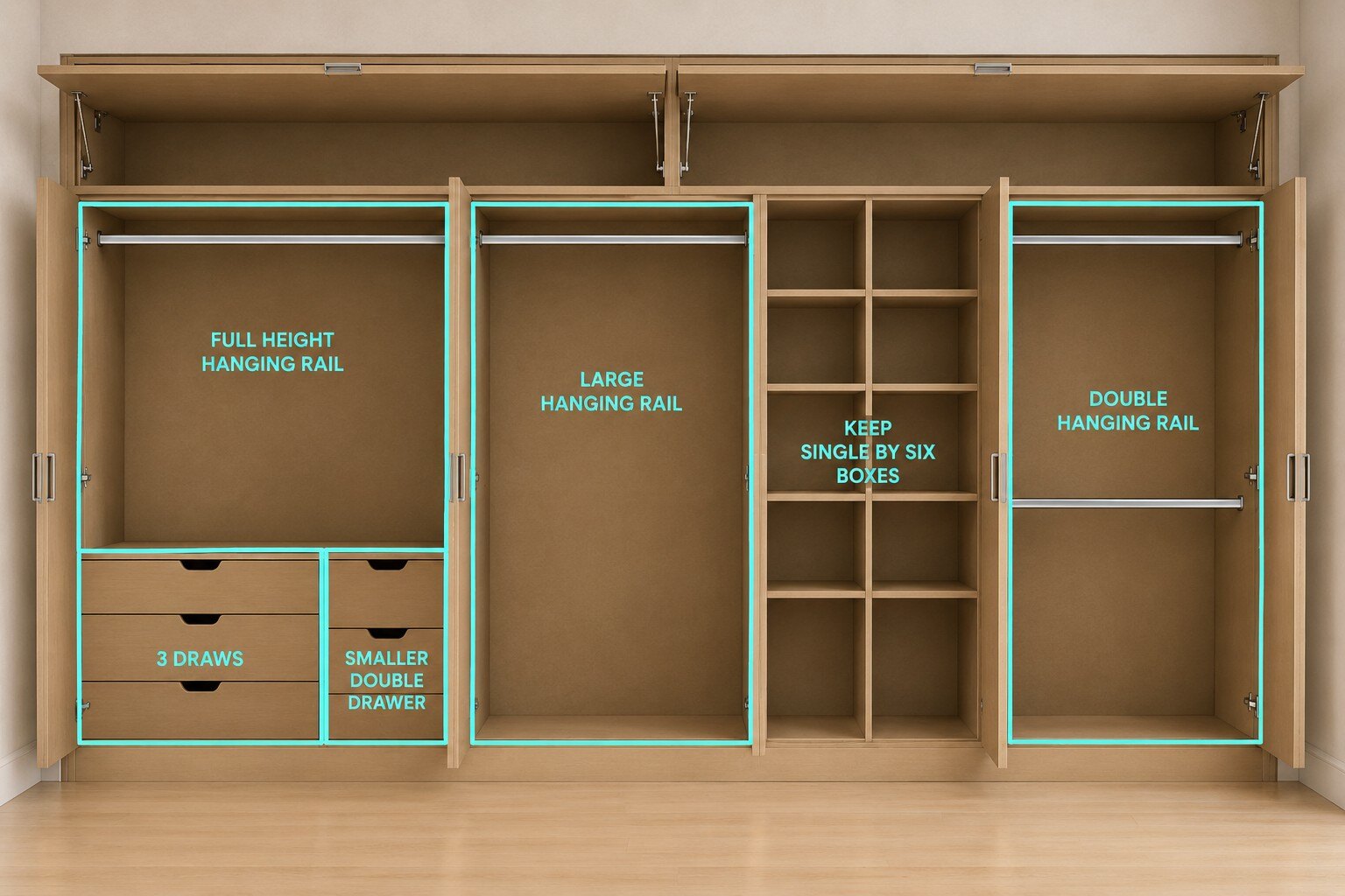 Annotated Littlehampton wardrobe plan showing hanging, drawer and shelf zones