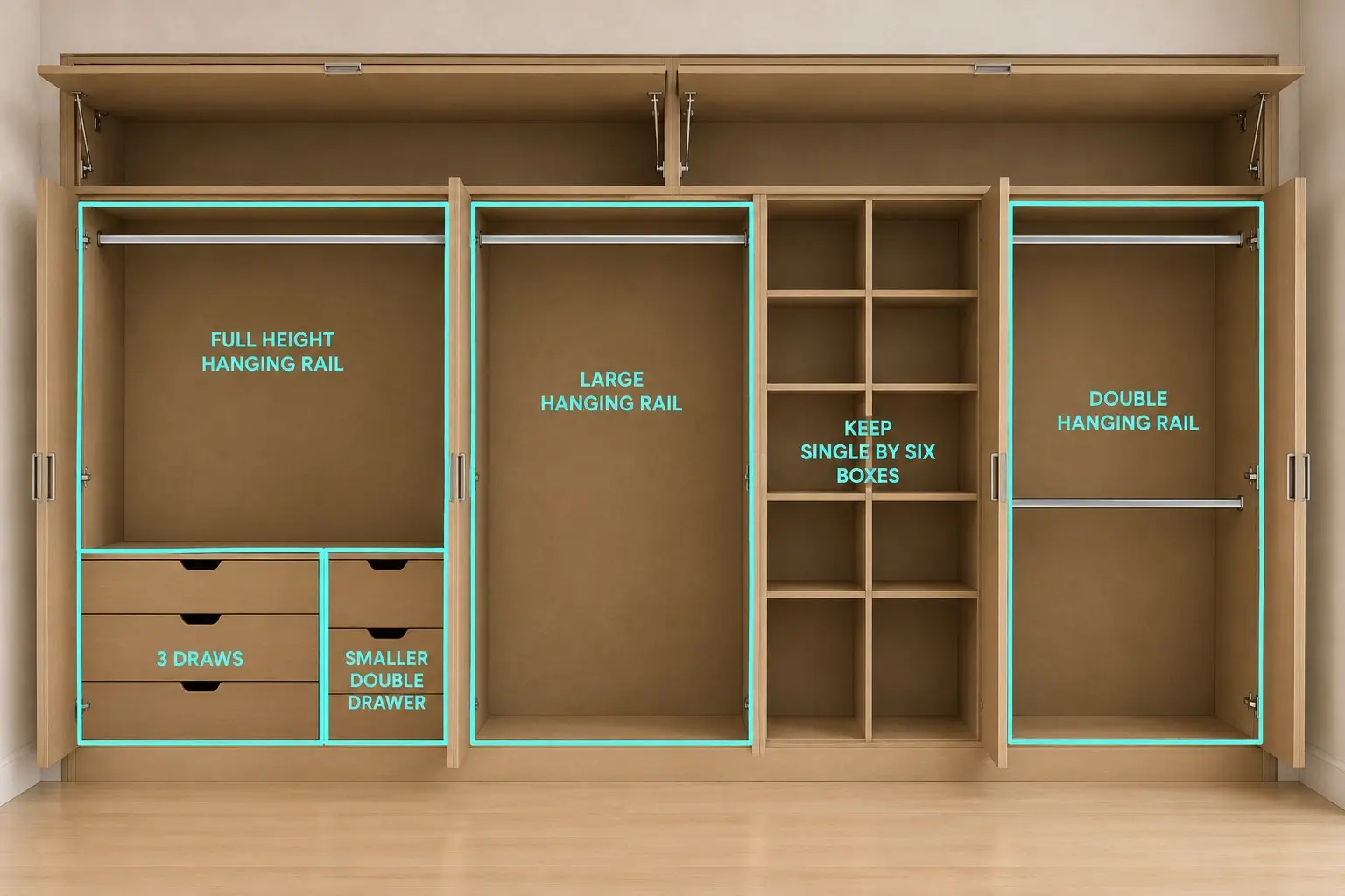 Fitted wardrobe storage layout used to plan scope and cost