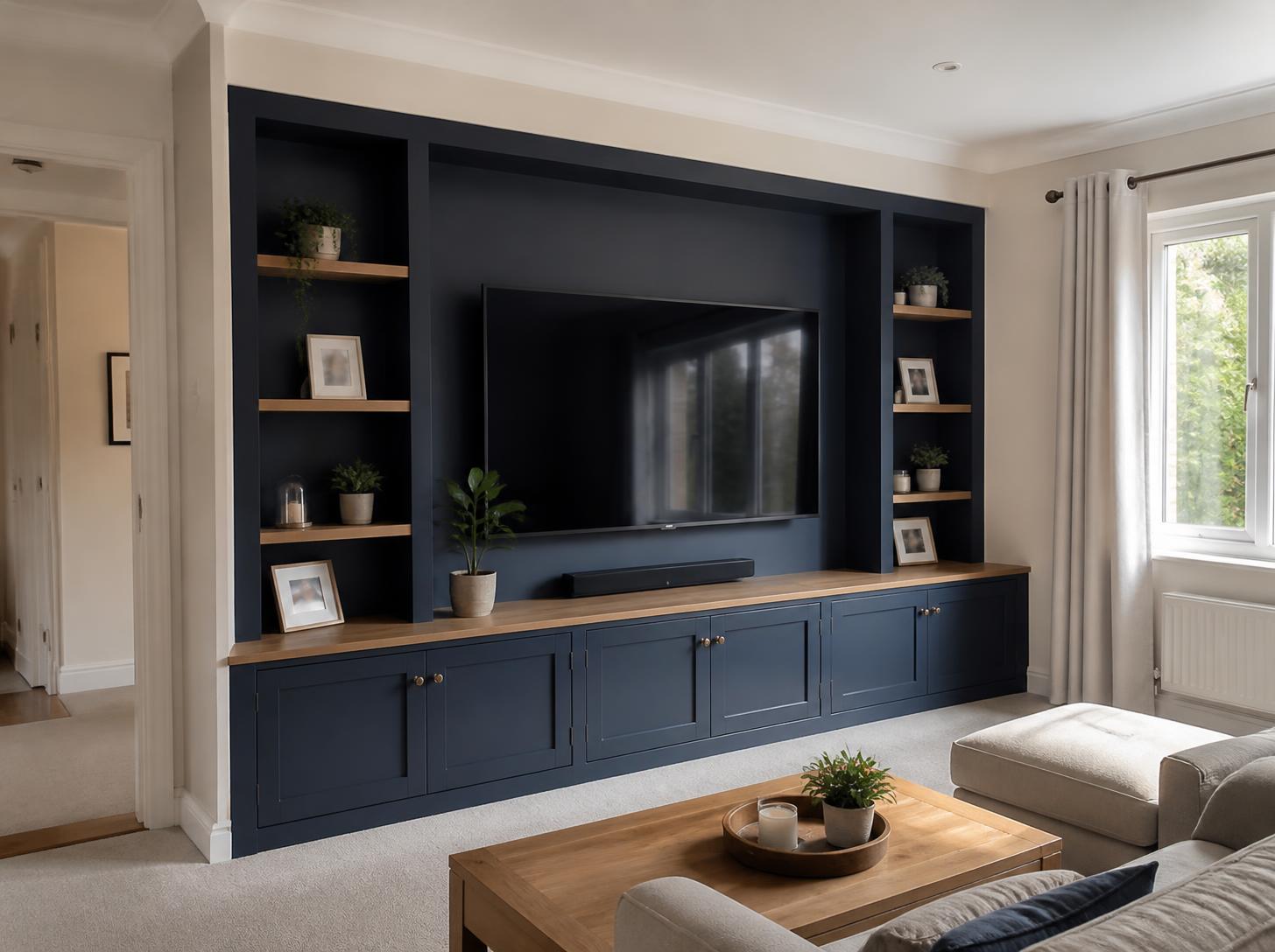 Illustrative navy TV cabinetry with oak display shelving