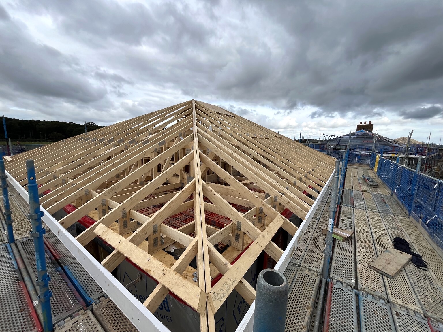 Pitched roof timber package viewed from scaffold