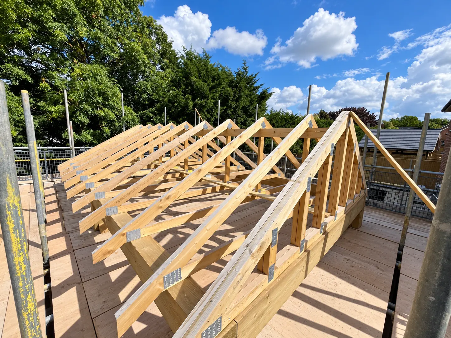 Factory-supplied roof trusses installed over a Hampshire garage carport frame