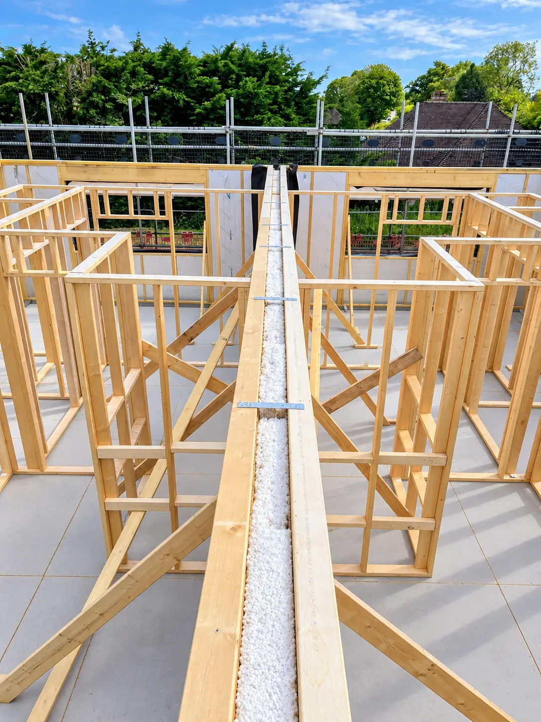 Open-panel timber-frame walling on a semi-detached home in Eastergate