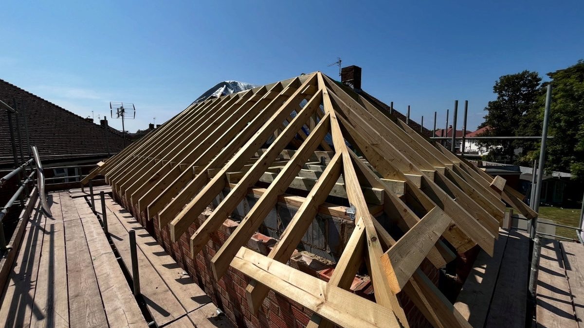 Roof structure carpentry under construction