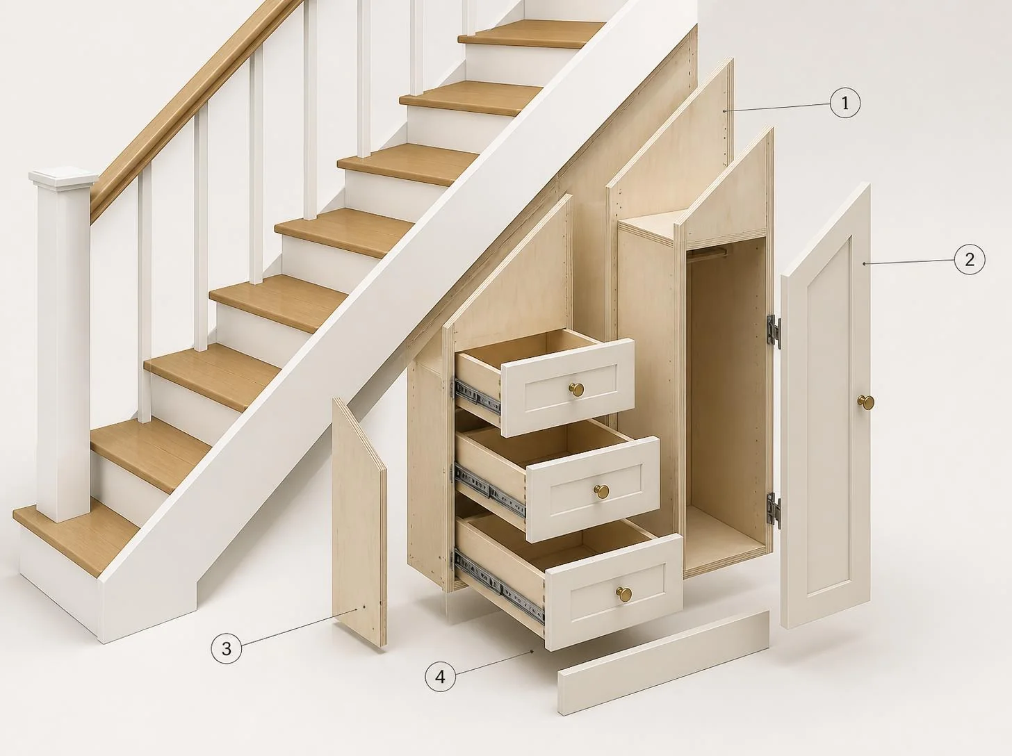 Illustrative exploded view of fitted under-stairs storage, with numbered callouts for the sloped carcass, cupboard door, scribed end panel and drawers on runners