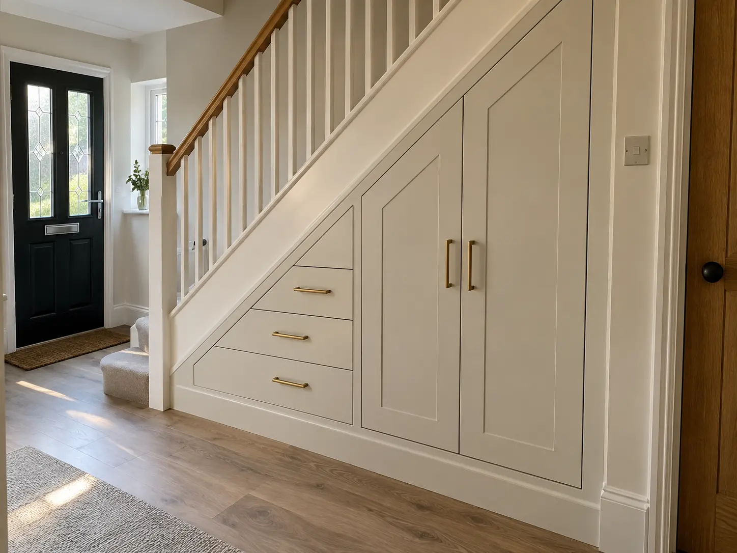 Example design for made-to-measure cupboards and drawers fitted beneath a staircase